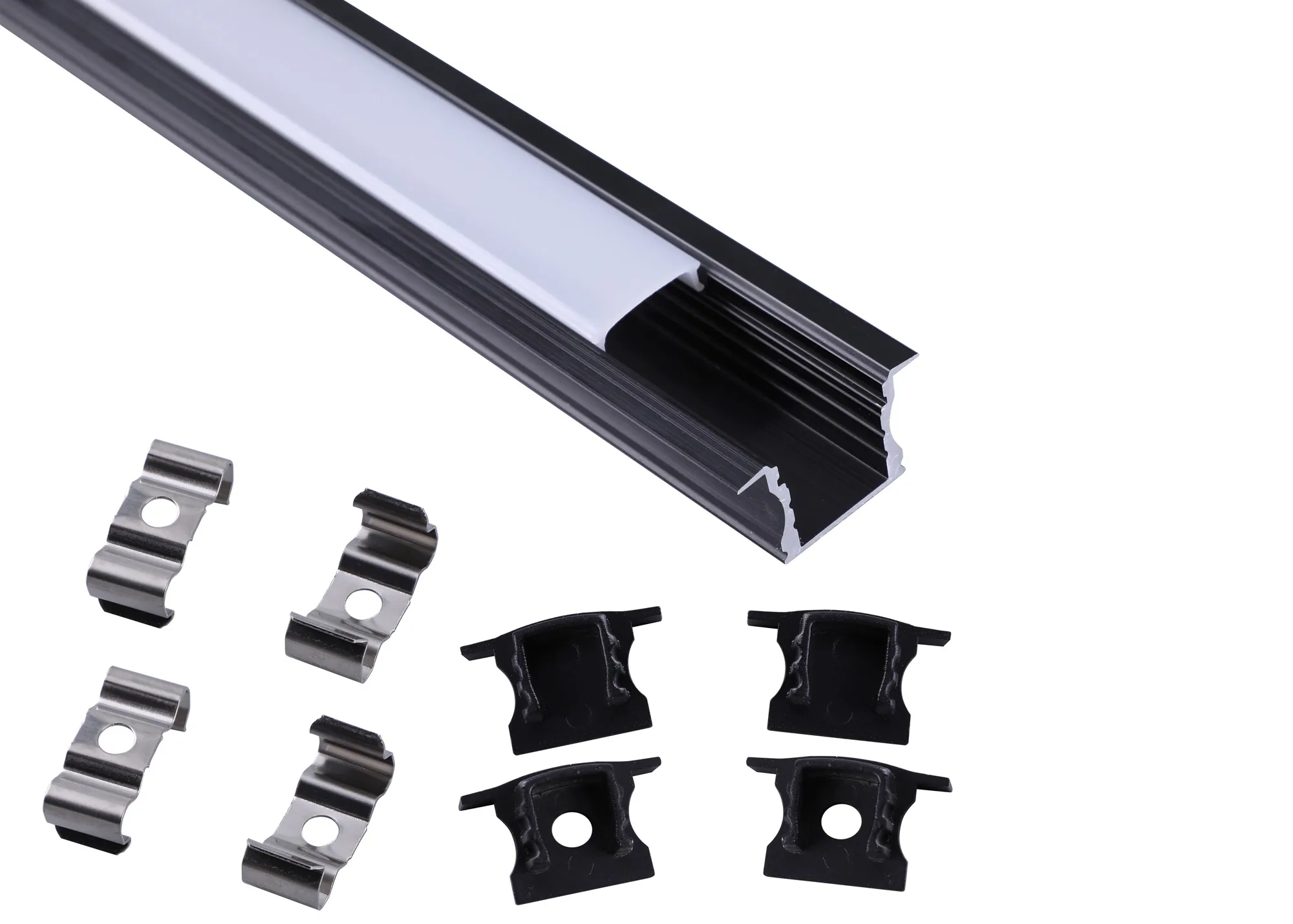 M7408  Tiras 2m, 17 x 15.3mm Black Recessed Aluminium Profile With Diffuser And Accessories
